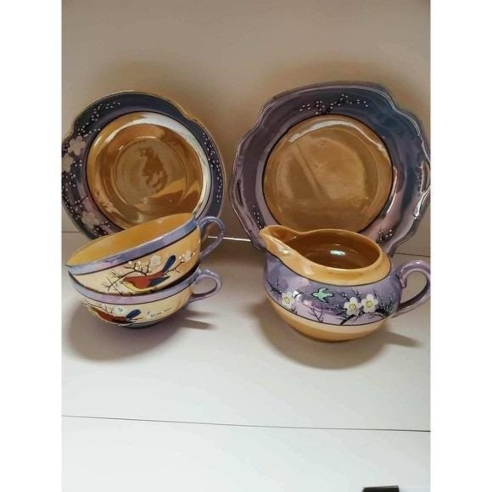 Vintage Lusterware "Brilliant Bird and Cherry Blossoms" Set of‎ 5